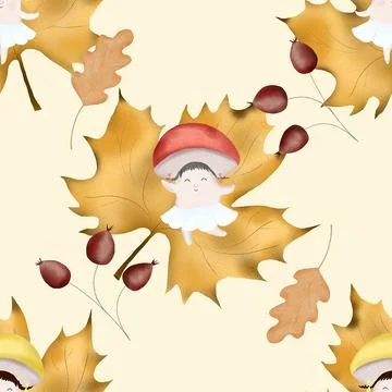 Autumn pattern with fun mushrooms. seamless pattern for baby textile, wrapping Stock Illustration