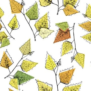 Autumn pattern. Hand drawn yellow birch leaves. Seamless background Stock Illustration