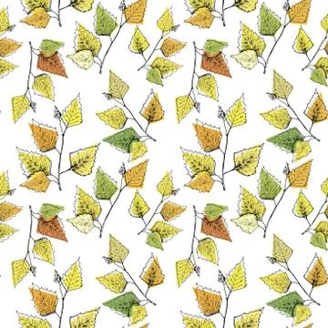 Autumn pattern. Hand drawn yellow birch leaves. Seamless background Stock Illustration