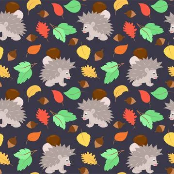 Autumn pattern with hedgehogs, leaves, acorns and mushrooms. Stock Illustration