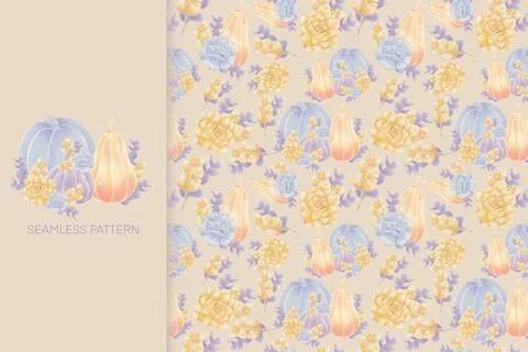 Autumn pattern, illustrations pumpkins, succulents, leaves Stock Illustration