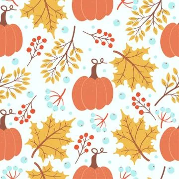 Autumn pattern with leaves, pumpkin and berries. Colorful and bright vector. Stock Illustration