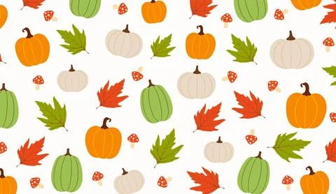 Autumn pattern with mushroom, pumpkion and leaves Ilustração Stock