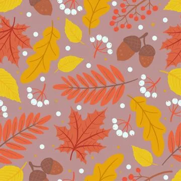 Autumn pattern with oak leaf, colorful foliage and berries. Vector Illustrazione stock