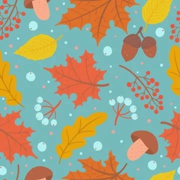 Autumn pattern with oak leaves, maple, berries, acorn and mushrooms. 스톡 일러스트