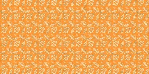 Autumn pattern on orange background with white painted outlines of autumn l.. Stock Illustration