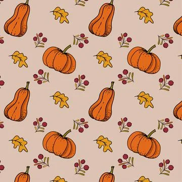 Autumn pattern with pumpkin leaves and twigs with berries Stock Illustration