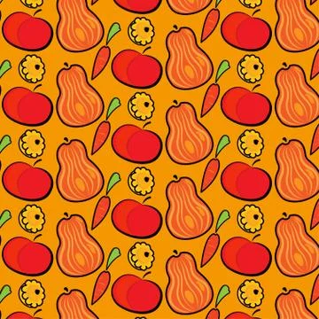 Autumn pattern with pumpkins, apples and carrots. Hand drawn vector illustration Stock Illustration