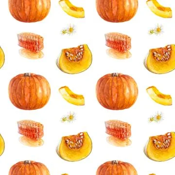 Autumn pattern with pumpkins, honeycombs, and flowers great for Thanksgiving or Stock Illustration