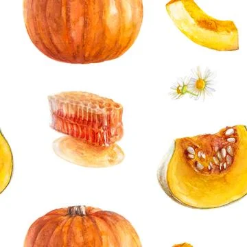 Autumn pattern with pumpkins, honeycombs, and flowers great for Thanksgiving or Stock Illustration