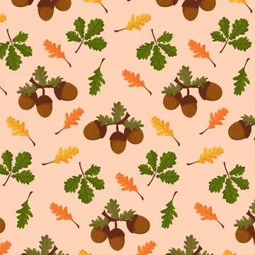 Autumn pattern. Seamless background with autumn elements, foliage, acorns, au 库存插图