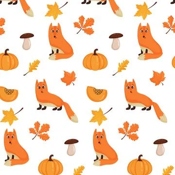 Autumn pattern. Seamless background with autumn elements, fox, pumpkin, mushr Stock Illustration