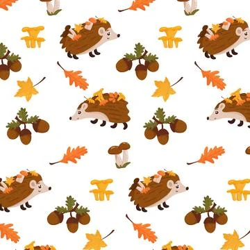 Autumn pattern. Seamless background with elements of autumn, hedgehog, mushro Stock Illustration