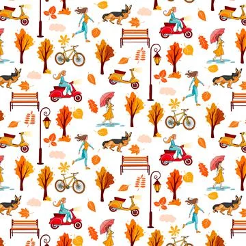 Autumn pattern. Yellow leaves, trees, bench lantern, girl with umbrella, dog. Stock Illustration