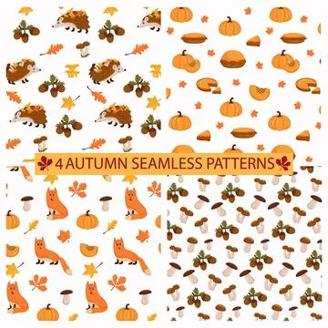 Autumn patterns set. Seamless background with autumn elements, hedgehog, leav Stock Illustration