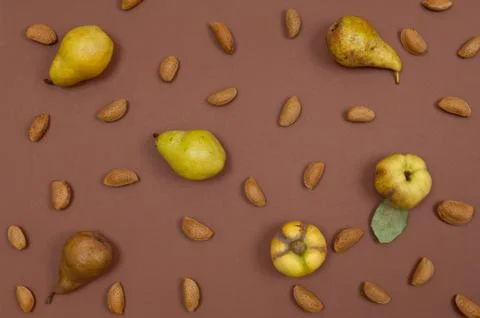 Autumn pear and nut pattern on brown background Stock Photos