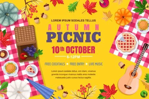 Autumn picnic background frame. Vector poster or banner template. Outdoors we Stock Illustration