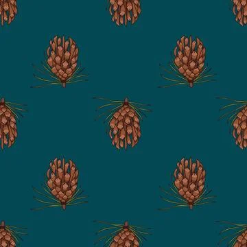 Autumn pinecone vector repeat pattern design on dark green background Stock Illustration