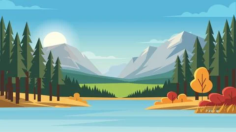 Autumn Pines Lake Flat Design Illustration Scene Stock Illustration
