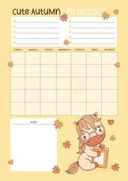 Autumn planner. Fall to do list. Cute Horse with book and Leaves. Organizer.. Stock Illustration