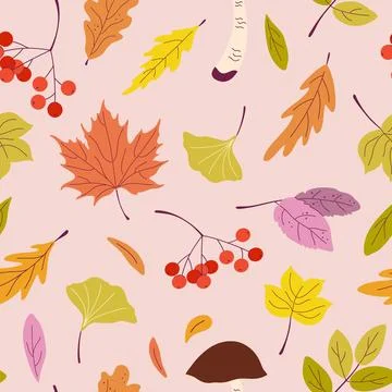 Autumn plant seamless pattern on pink backdrop. Fall background. Stock Illustration