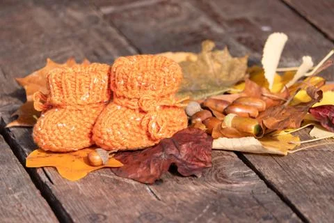 Autumn plot: bright orange knitted baby socks on autumn leaves with acorns on Foto stock