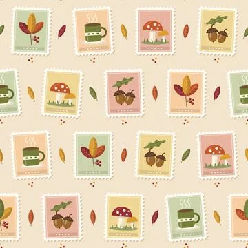 Autumn postage stamp seamless pattern 스톡 일러스트