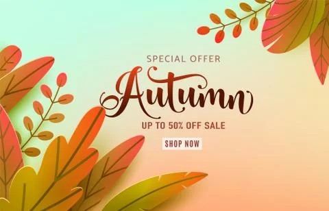 Autumn poster vector background. Fall floral design, text offer sale sign. Red Stock Illustration