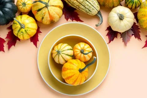 Autumn pumpkin decorative table setting concept Stock Photos