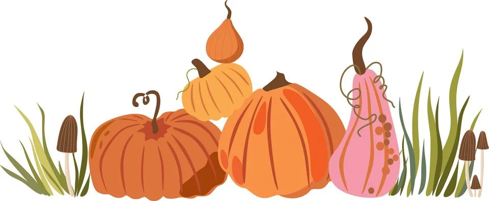 Autumn pumpkin patch composition with grass and mushrooms illustration Stock Illustration
