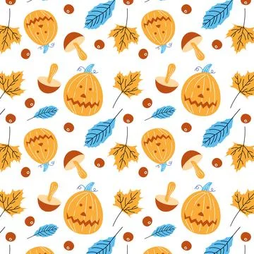 Autumn pumpkin pattern with leaves and mushrooms, fun Halloween. 스톡 일러스트