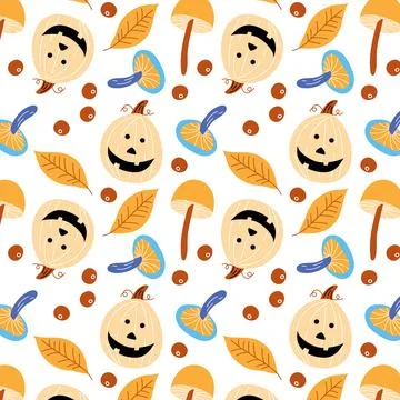 Autumn pumpkin pattern with leaves and mushrooms, fun Halloween. Stock Illustration