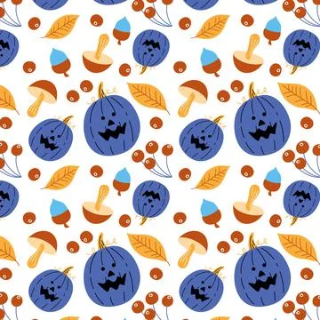 Autumn pumpkin pattern with leaves and mushrooms, fun Halloween. Stockillustratie