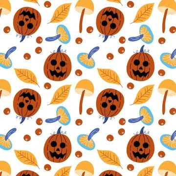 Autumn pumpkin pattern with leaves and mushrooms, fun Halloween. Stock Illustration