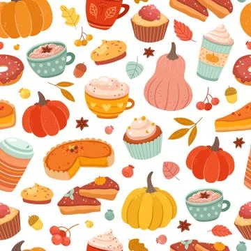 Autumn pumpkin pattern. Pumpkins spice, cinnamon hot drink and pastry print Stock Illustration
