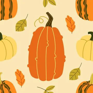 Autumn Pumpkin Seamless Pattern on Beige Background Stock Illustration
