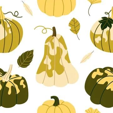 Autumn Pumpkin Seamless Pattern Flat Geometric Fall Leaves Background Stock Illustration