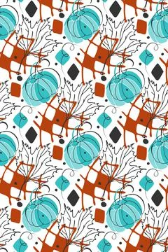 Autumn pumpkin vector seamless pattern. Hand drawn dark grey sketch line, leaves Illustrazione stock