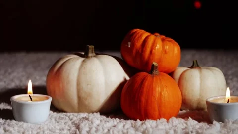 Autumn pumpkins with candles in warm background Stock Footage 256806243