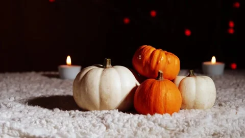 Autumn pumpkins with candles in warm background Stock Footage 257448380