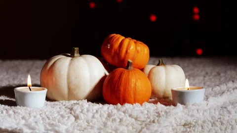 Autumn pumpkins with candles in warm background Stock Footage 257687639