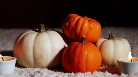 Autumn pumpkins with candles in warm background Stock Footage 258366458