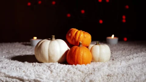 Autumn pumpkins with candles in warm background Stock Footage 259069057