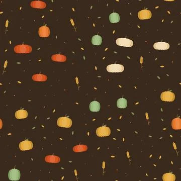 Autumn pumpkins seamless pattern with wheat ears, falling leaves and dots on Stock Illustration