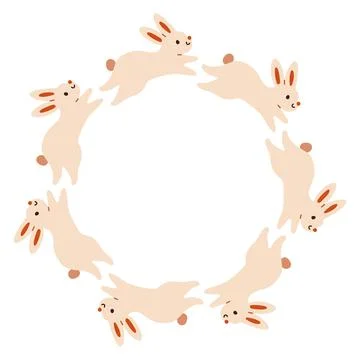 Autumn rabbit circle frame. Round border made of doodle hand drawn fall elements 스톡 일러스트