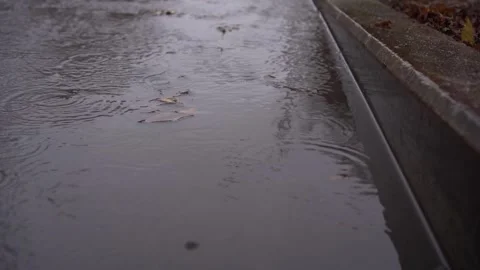 Autumn rain drops in a puddle on the pavement. raindrops close-up in real time Stock Footage 253666714