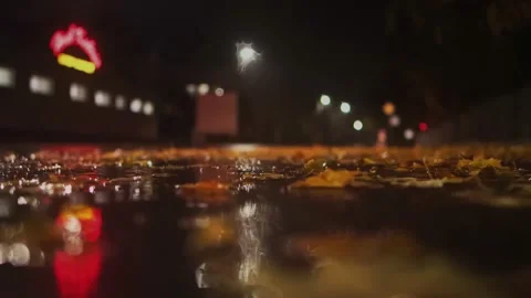 Autumn rain at night. Car pulls up and stops at crossroad at red traffic light Stock Footage 158381099