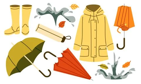 Autumn Rain Vector Set Flat Geometric Raincoat Boots Umbrella Collection 스톡 일러스트