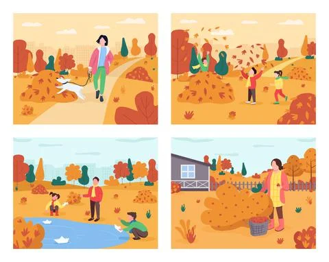 Autumn recreation semi flat vector illustration set Ilustração Stock