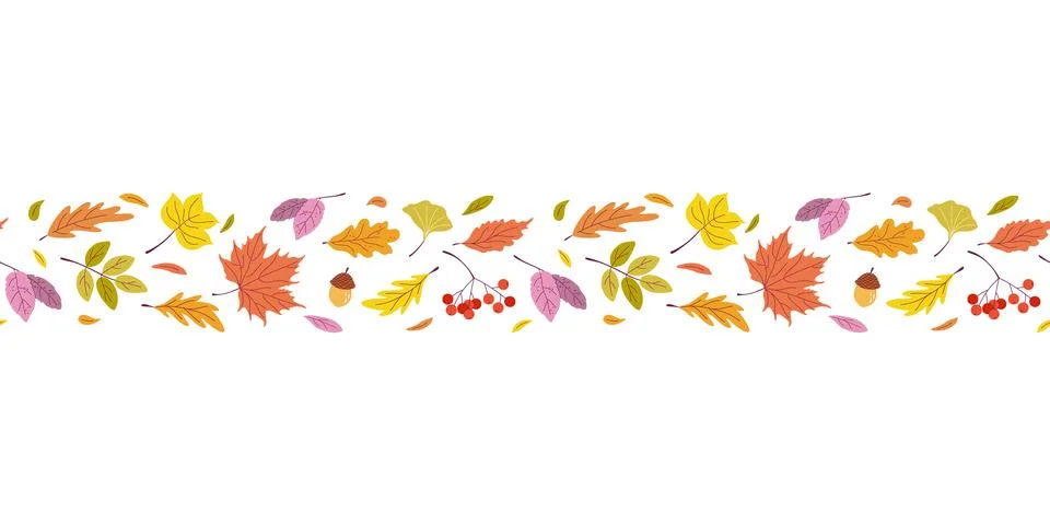 Autumn rectangular seamless pattern with colorful leaves and plants Illustrazione stock